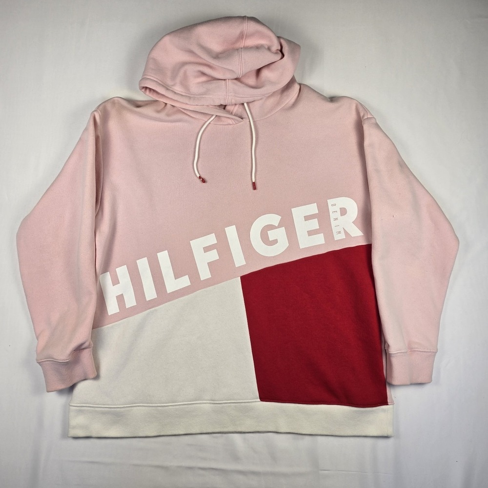 Tommy Hilfiger Hoodie‎ LG Pink Red Logo Long Sleeve Pullover Sweatshirt